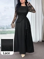 Elegant black lace long sleeve midi dress with A-line silhouette and pleated waist detail - S / Black