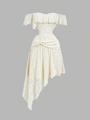 Elegantes weißes schulterfreies Spitzenkleid mit asymmetrischem Saum und tailliertem Schnitt - S / Aprikose
