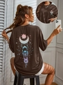 Brown oversized crew neck t-shirt featuring celestial sun and moon back graphic print - S / Coffee