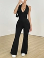 Elegante mono negro sin mangas con escote en V profundo y pantalones acampanados - S / Negro