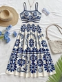 Robe d'été dos nu à imprimé tournesol bleu avec découpes pour les vacances - S / Fleuri bleu blanc