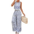 Completo due pezzi da donna con crop top a fiori blu e pantaloni a gamba larga - S / Blu