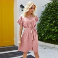 Pink V-neck midi dress with flutter sleeves and button-down front with waist belt - S / Pink