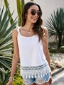 White chiffon camisole featuring tie straps and a delicate crochet lace hem trim - S / White