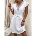 Detail of elegant V-neckline with gold lace trim and adjustable drawstring waist on white dress - S / White