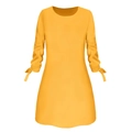 Detail of solid yellow O-neck dress featuring bow tie-up cuffs and A-line silhouette - S / Yellow