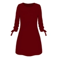 Dark red A-line long sleeve dress with O-neck and elegant tie-up cuffs on white background - S / Burgundy