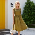 Detail of olive green sleeveless dress with ruffle shoulders and smocked waist design - XS / Dark Army Green