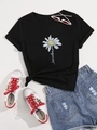 T-shirt nera casual da donna con stampa a margherita minimalista e girocollo - Taglia S / Nero