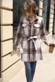 Elegant pink and brown plaid long sleeve shirt jacket with waist tie and front buttons - S / Coffee Pink