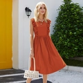 Detail of ruffle sleeve and waist pleats on an orange summer sleeveless A-line dress - XS / Brick Red