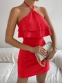 Vestido corto rojo sexy con cuello halter y volantes con silueta ajustada para fiestas - S / Rojo