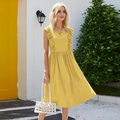 Detail of yellow sleeveless summer dress featuring ruffled shoulders and a cinched waistline - XS / Bright Yellow