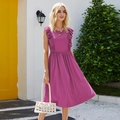 Detail of purple sleeveless dress featuring elegant ruffle trim and elastic waist detail - XS / Light Violet