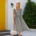 Detail of grey sleeveless summer dress featuring elegant ruffles and A-line silhouette - XS / Gray