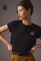 Schwarzes Damen T-Shirt aus 100% Baumwolle mit weißem Smiley-Print und Rundhals-Ausschnitt - S / Schwarz