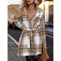 Elegant plaid long sleeve shirt dress for women featuring a lapel collar and waist belt - S / Light Yellow