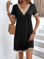 Elegant black V-neck summer dress with cream lace trim and straight silhouette for women - S / Black