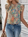 Haut vintage bohème pour femme avec imprimé paisley et manches à volants fleuries - S / Multicolore