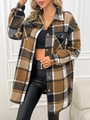 Giacca a quadri da donna con tasche in pelle nera e vestibilità lunga oversize - S / Marrone