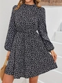 Floral print long sleeve A-line dress with mock neck and elastic waist in black - S / Black