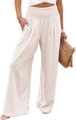 Detail of high waist elastic smocked waistband and textured fabric on wide leg trousers - S / White