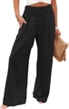 Detail of high waisted black wide leg trousers with elastic waist and side pockets - S / Black
