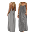 Detail view of grey backless maxi dress showing thin spaghetti straps and lace-up back - S / Gray