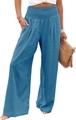 Detail of high-waisted blue wide-leg pants featuring elastic waistband and handy side pockets - S / Teal