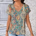 Camiseta de mujer con escote en V y estampado paisley bohemio en turquesa y magenta - S / Multicolor