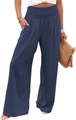 Detail of high-waisted wide-leg trousers with elastic smocked waist and side pockets - S / Navy Blue