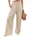 Detail of high waisted wide leg trousers in apricot linen blend with pleated elastic waist - S / Apricot