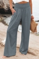 Women's high waist smocked grey wide leg trousers in a breathable cotton linen texture - S / Gray