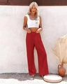 Women's high waist red wide leg pants made of cotton linen fabric in bohemian style - S / Watermelon red