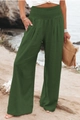 High waisted dark green wide leg casual trousers with elastic drawstring for women - S / Green