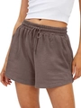 Damen Sport-Shorts mit hoher Taille und Taschen aus weichem dunkelgrauem Strickstoff - S / Kaffeebraun