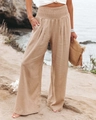 Women high waist wide leg linen pants in sandy beige with elastic waistband for summer - S / Khaki