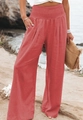 Women's high waist wide leg cotton linen trousers in coral red for summer beach style - S / Orange Red
