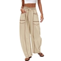 Women's khaki wide-leg cargo pants with drawstring waist and contrast stitching detail - XS / Beige