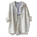 Detail of three-piece loungewear set with white crepe shirt and drawstring shorts - S / Top And Bottom / White