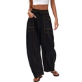 Detail of black wide-leg trousers with yellow contrast stitching and drawstring waist - XS / Black