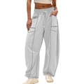 Detail of light grey wide-leg joggers with elastic drawstring waist and large cargo pockets - XS / Gray