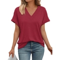 Detail showing rolled cuffs and V-neck design on this deep red short sleeve T-shirt - S / Brick Red