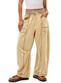 Detail view of khaki wide-leg cargo pants featuring drawstring waist and contrast stitching - XS / Khaki