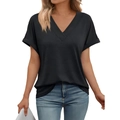 Detail shot of black deep V-neck T-shirt with rolled cuffs and knitted texture - S / Black