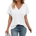 Detail shot of the deep V-neckline and rolled sleeves on this loose white cotton T-shirt - S / White