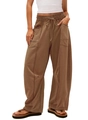 Detail view of brown high-waisted wide-leg cargo pants with drawstring and large pockets - XS / Brown