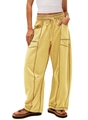 Detail of high-waist mustard yellow cargo pants with drawstring and contrast stitching - XS / Yellow