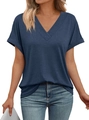 Women's loose short sleeve V-neck t-shirt in grey-blue with rolled cuffs and casual fit - S / Navy Blue
