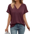 Women's loose short sleeve V-neck t-shirt in burgundy color with rolled sleeves - S / Fuschia